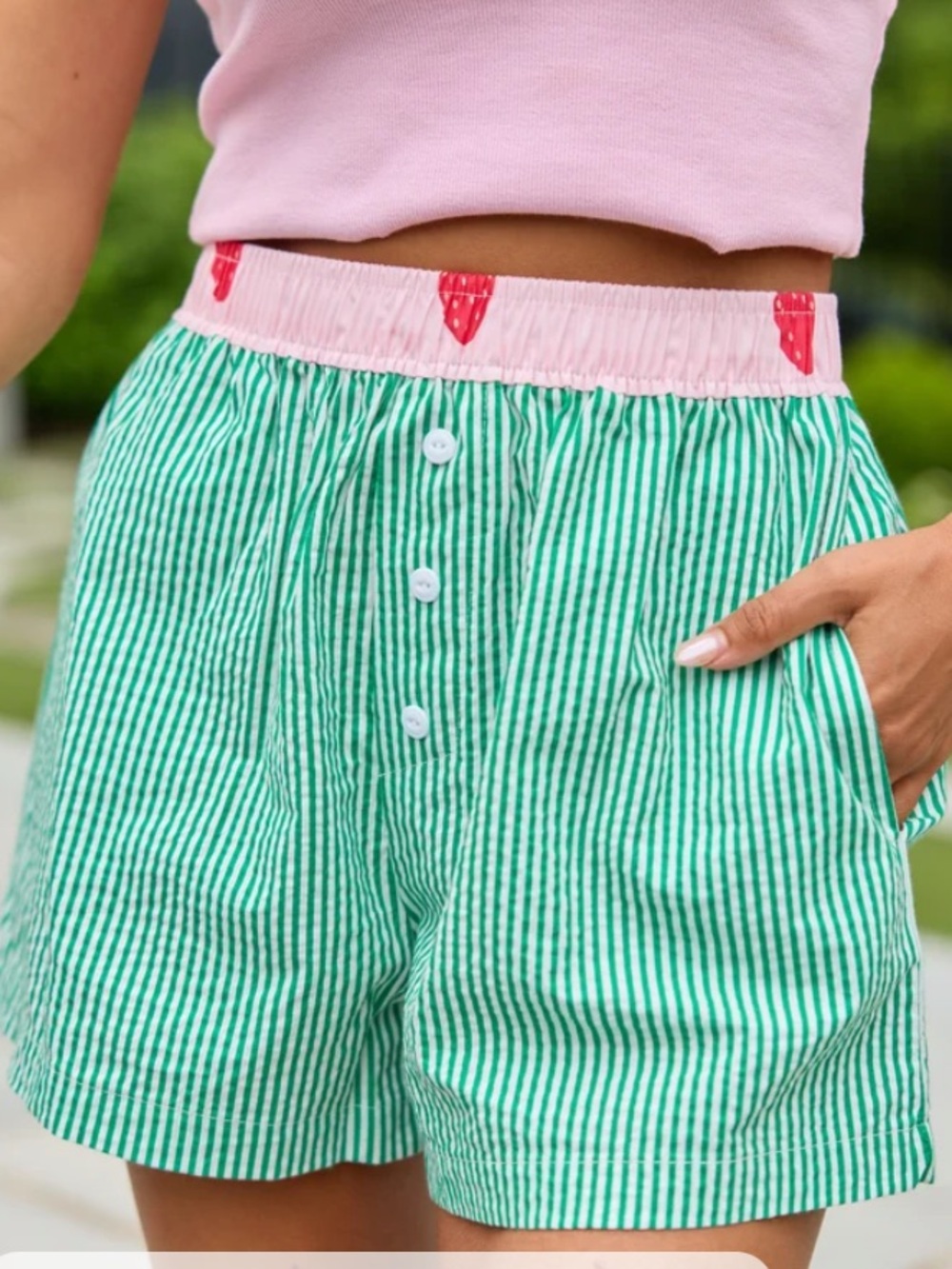 Madison Green Striped Seersucker Boxer Shorts - Pink Waistband